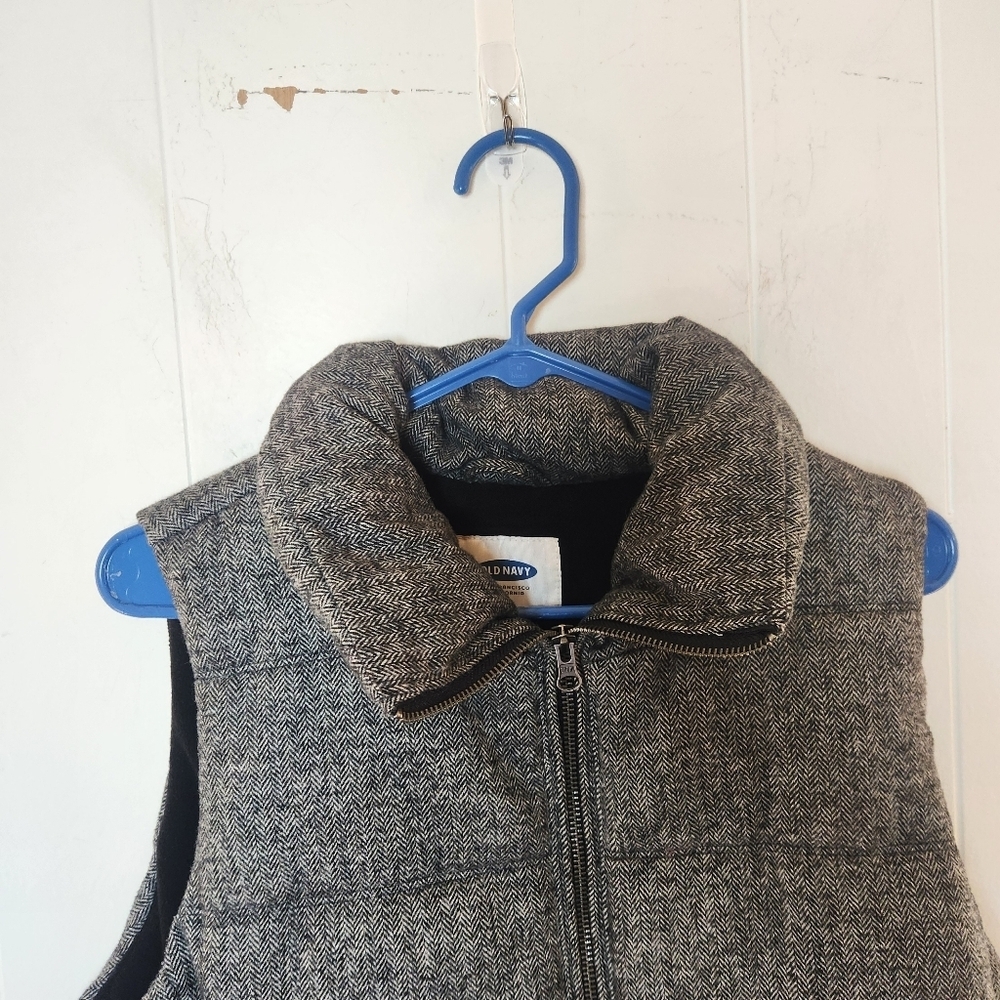 Old Navy Womens Gray Herringbone Full Zip Fleece Puffer Vest Wool Blend Sz Med - Picture 7 of 16